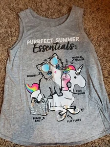 Justice Purrfect Summer Cat Unicorn  Gray Tank Top Shirt Size 12 - Picture 1 of 4
