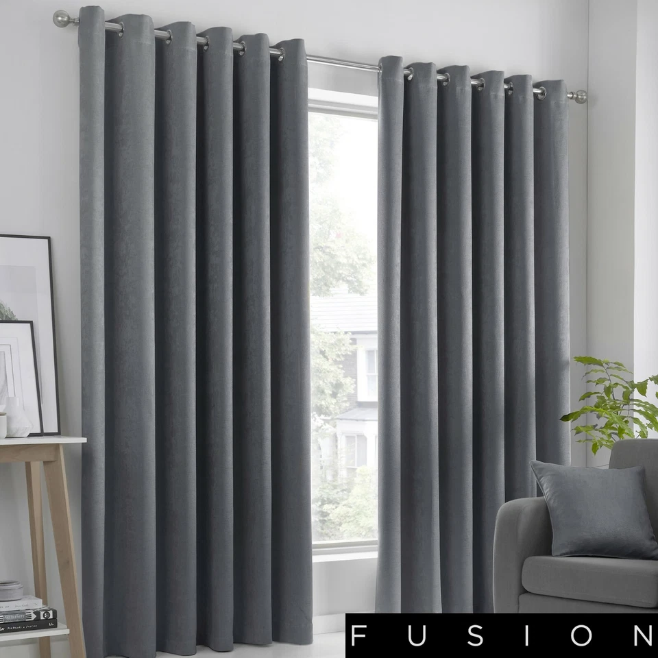 Fusion Strata Woven Eyelet Lined Curtains Charcoal 100 (66") x D183cm (72")