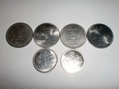 INDIA COINS LOT OF  6  "RUPEE ONE"  COINS (2007-2012) - TWO DESIGNS # P/5AX8 - Image 1 of 4