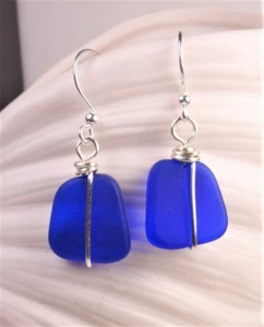 COBALT BLUE/NAVY Cultured sea glass Handmade with silver drop earrings 3/4" - Picture 1 of 4