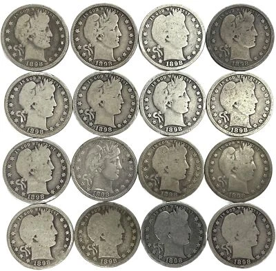 (16) 1898 SILVER USA BARBER QUARTER 25C AVERAGE CIRCULATED COIN LOT - Image 1 of 2