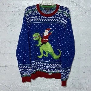 NWT 33 Degrees Men's L Ugly Christmas Sweater Dinosaurs T Rex Red Blue Bells - Picture 1 of 8