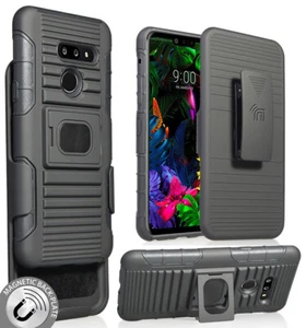 Black Rugged Ring Grip Case Cover + Belt Clip Holster for LG G8 ThinQ (LM-G820) - Picture 1 of 10