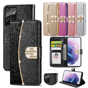 Bling Glitter Leather Flip Phone Case for Samsung S21 S20 Ultra S9 Wallet Cover - Picture 1 of 9