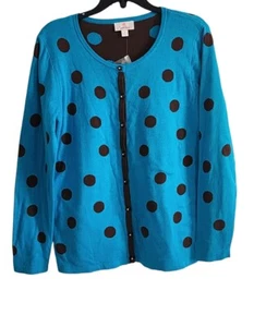 Quacker Factory Womens Sz M Turqouise and Brown Polka Dot Sweater LS - Picture 1 of 4
