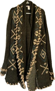 K.Jordan Tribal Black Beige Women’s Faux Fur Trim Long Cardigan Sweater Plus 1X - Picture 1 of 10