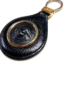 GIANNI VERSACE VINTAGE '90s MEDUSA HEAD RELIEF ROUND LEATHER KEY CHAIN ITALY - Picture 1 of 20