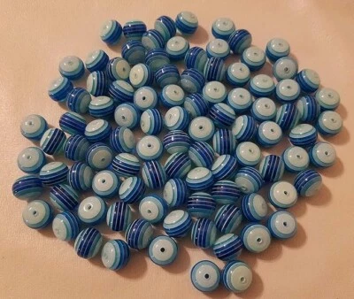 Lot of 100 Blue Striped 12mm Round Resin Rainbow Beads Jewelry Crafts - Image 1 of 2