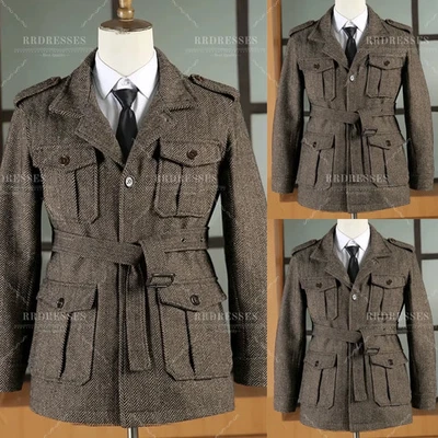 OFERTA CALIENTE Chaqueta de Safari para Hombre con Cinturón Tweed Exterior Cálida Caza Gris 2 Piezas Foto 1 de 4