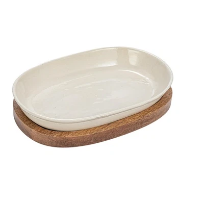 Stoneware Serving Dish with Mango Wood Base, Cream and Natural - Image 1 of 4