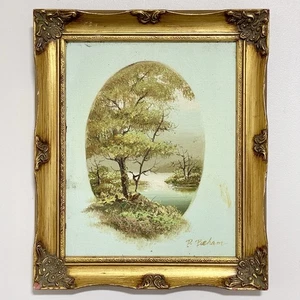 Vintage Serene Lakeside Öl auf Karton Gemälde signiert P Beham Gold gerahmt selten - Bild 1 von 24