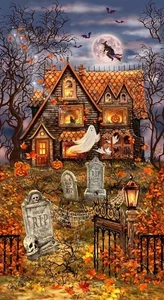 Bewitched Cotton Fabric Halloween Timeless Treasure Haunted House Panel - Picture 1 of 1