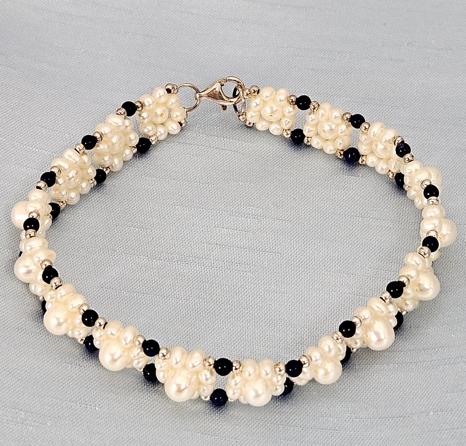 Sterling Silver 7.5" Pearl & Blue Bead Cluster Bracelet 10mm 925, 10.3g - Image 1 of 1