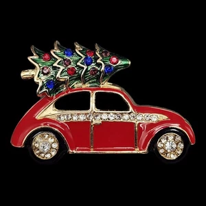 Liz Claiborne VW Beetle Brooch 60s Style Christmas Red Gold Tone Rhinestone Bug - Picture 1 of 8
