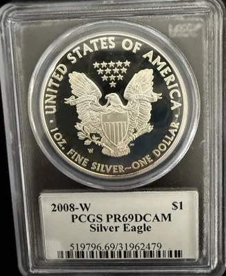 2008-W PROOF SILVER EAGLE PCGS PR69 MERCANTI SIGNED FLAG LABEL - ORANGE TINTED - Image 1 of 4