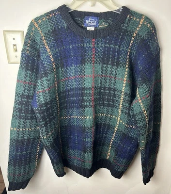 Woolrich 100% Wool Sweater Men’s M Green/Blue Plaid VTG Grandpa Retro Classic - Image 1 of 4