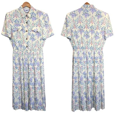 Vintage Leslie Fay Floral Button Front Midi Dress Yellow Elastic Waist Size 18 - Image 1 of 4
