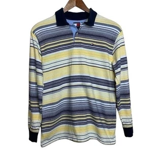 Polo Tommy Hilfiger manica lunga blu navy righe gialle ragazzo taglia large - Foto 1 di 7