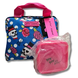 Betsey Johnson Lunch Box Tote Insulated Day Of Dead Skull Blue Roses w Storage  - Picture 1 of 9