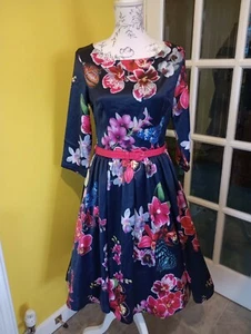 Lindy Bop Holly Navy Orchid Print Swing Dress UK Size 8-10 (US Size 4-6) - Picture 1 of 12
