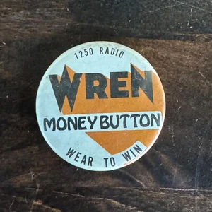 Estación de radio vintage WREN botón de dinero 1250 Topeka Kansas publicidad trasera - Imagen 1 de 3