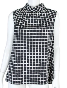 Blusa de crepé OSCAR DE LA RENTA F15 blanco y negro estampado geométrico mezcla de seda 10 - Imagen 1 de 8