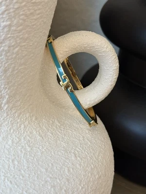 Tory Burch Thin Bangle Bracelet Gold Plated with Logo Green - Image 1 of 4