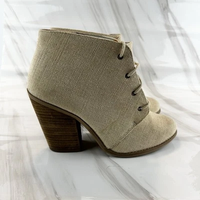 Call it Spring Oatmeal Tan Fabric 4" Chunky Heel Booties Lace up Women's Sz 10 - Image 1 of 4