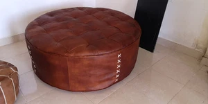 Brown tufted round ottoman authentic footstool handmade leather pouf Unstuffed - Picture 1 of 8