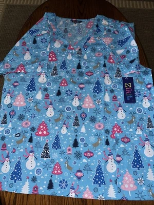 NWT Unisex Zikit Scrub Top Snowmen Reindeer Xmas Trees Snowflakes Blue XXL 2XL - Image 1 of 4