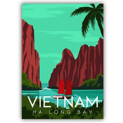 Вьетнам Ha Long Bay путешествий винтажный плакат искусства вырезать по форме виниловая наклейка - Изображение 1 из 4