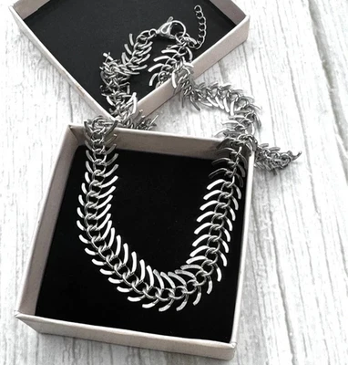 Grueso Collar Plata Acero Espina de Pescado Hombres Mujeres Cadena Tejida Gótica Joyería Foto 1 de 4