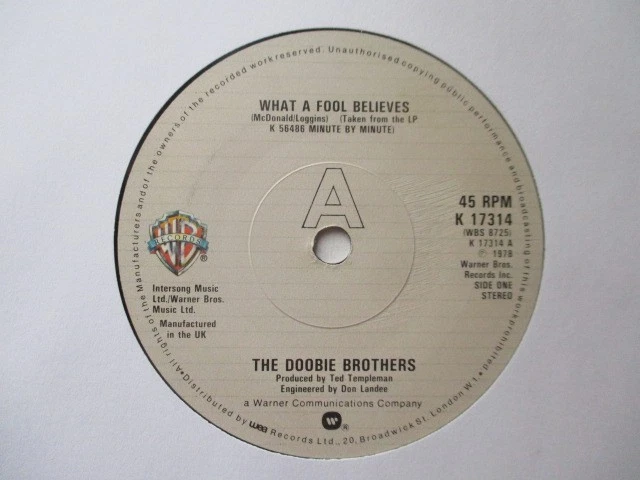 The Doobie Brothers "What a Fool Believes" Warner BRos UK 7" Single EX - Image 1 of 2