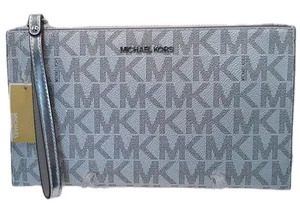 Michael Kors Jet Set Large Top Zip Silver Signature MK Logo Wristlet Clutch NWT - Picture 1 of 4