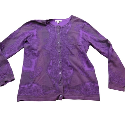 Cárdigan suéter Isaac Mizrahi Live púrpura estampado cachemira botón delantero para mujer mediano Foto 1 de 4