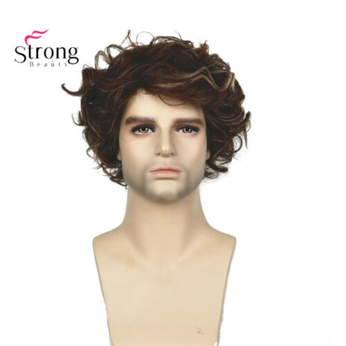 StrongBeauty Short Curly Men's Wig Brown with Blonde Highlights color Men Wigs 