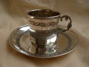 ANTIQUE FRENCH STERLING SILVER COFFEE CUP & SAUCER,EARLY 20TH CENTURY. - Picture 1 of 11