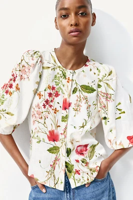 H&M Linen-Blend Blusa Túnica Superior Estampado Floral Hippy Boho M 10 6 38 - Imagen 1 de 4
