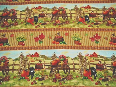 Autumn Quilt Fabric 1 7/8 Yard Harvest Farm Puppy Dog Stripe Premium Cotton #C - Image 1 of 2