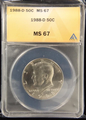 1988-D KENNEDY HALF DOLLAR SUPERB GEM UNC ANACS MS67 US COIN (262) Cover