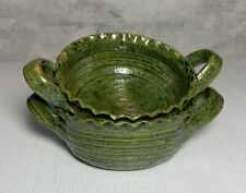 Vintage Pair of Mexico Art Pottery Oaxaca Loza Verde Handled Ramekins Scalloped