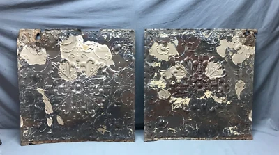 VTG Pair Decorative Shabby Tin Ceiling Panels 2' x 2' 24" SQ Tan Chic 1600-24B - Image 1 of 4