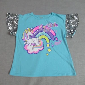 Nickelodeon T Shirt Juniors XL Blue Graphic Sequin Sleeve Unicorn Tee Good Vibes - Picture 1 of 11