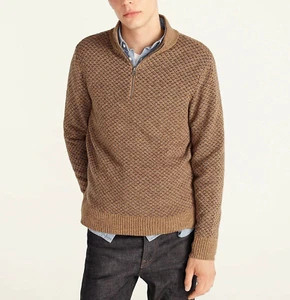 J.Crew Men's size M Rugged Merino Wool bend Bird's-Eye 1/4 Zip Sweater tan - Picture 1 of 13