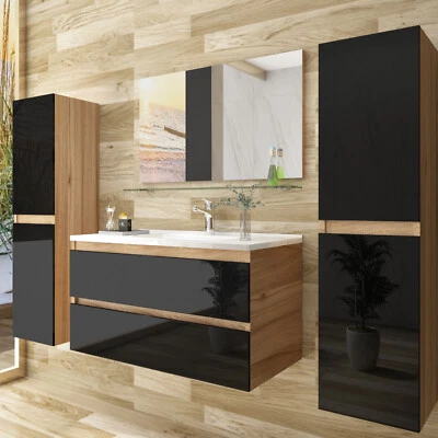 Badmöbel Set  Eiche /Schwarz Hochglanz Soft Closingssystem 90 cm Badezimmermöbel - Bild 1 von 4