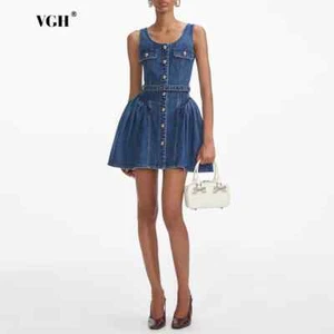 VGH Vintage New Patchwork Lace Up Denim Short Dress for Women Round Neck - Picture 1 of 24