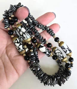Vintage Boho Hematite Black Onyx Alabaster Bead Brass Necklace 34" Claspless - Picture 1 of 5