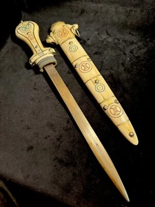 Antique Middle Eastern Arabic Camel Bone & Silver Inlay Handmade Ritual Dagger - Picture 1 of 14