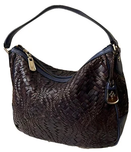 WOVEN COLE HAAN HOBO SHOULDER HANDBAG PURPLE&BROWN LEATHER GOLDEN ZIPPED - Picture 1 of 7