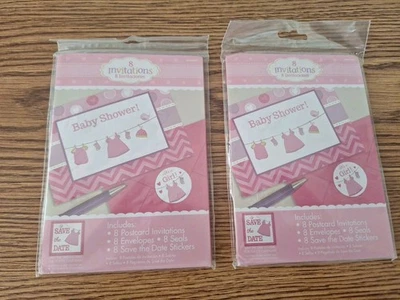 Baby Shower! Ropa Niñas Colgando 16 Invitaciones Postales con Sellos Rosa Foto 1 de 4